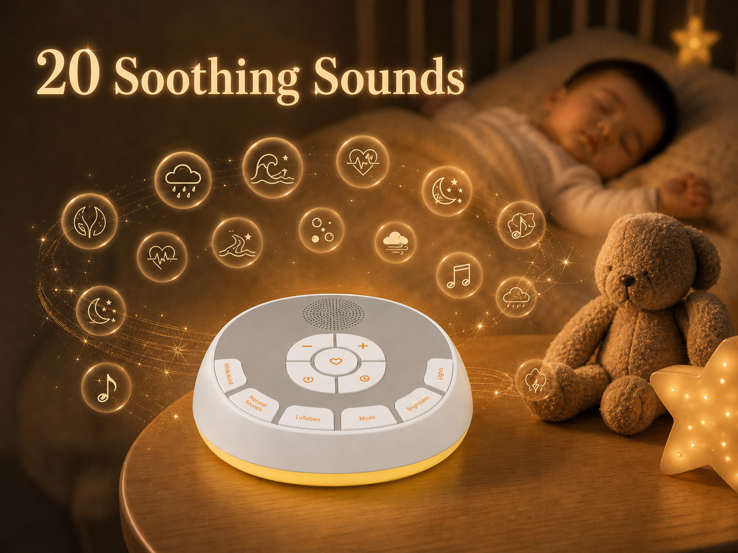 A800L with 20 soothing sounds including heartbeat, nature sounds, lullabies and white noise