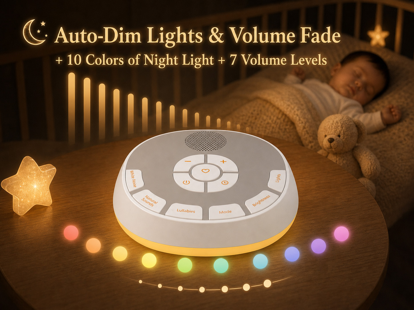A800L auto-dim light, gradual volume fade, 10 night-light colors, and seven volume levels