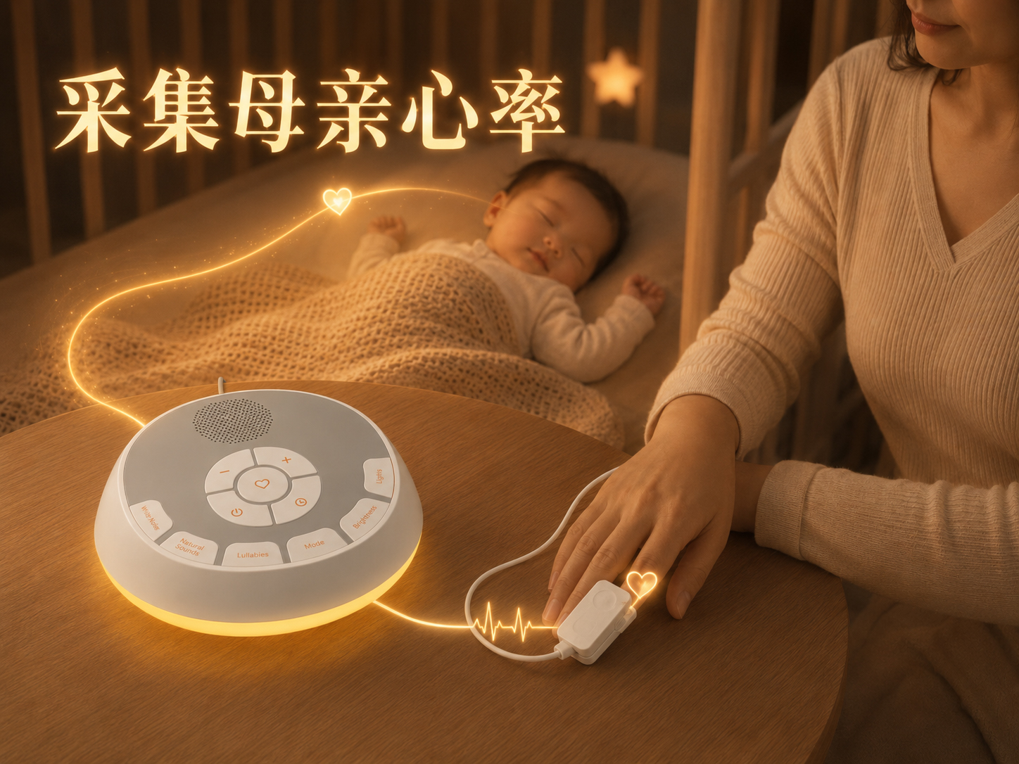 妈妈使用A800L声音安抚器采集心率，为睡眠中的宝宝播放熟悉的心跳声音