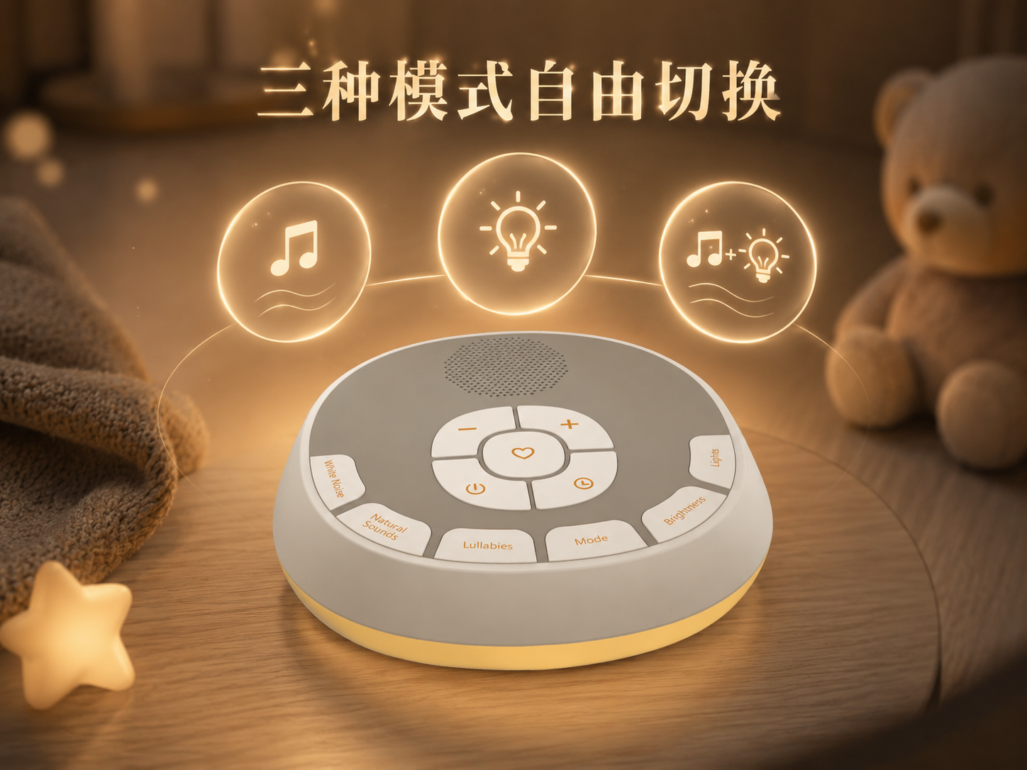 A800L便携式声音安抚器支持音乐、夜灯及声光结合三种模式自由切换